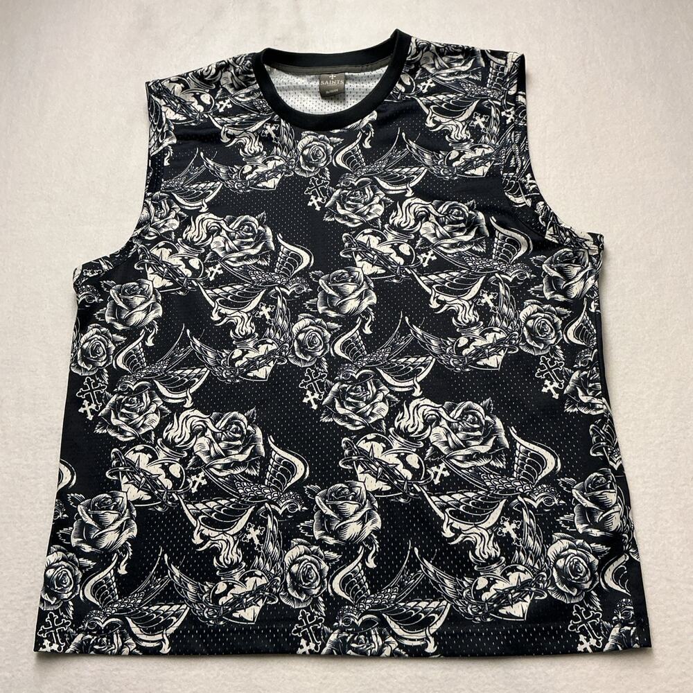 Saints Studio Mens Black/White Mesh Tank Top Roses N Doves Sz XL Breathable,4049